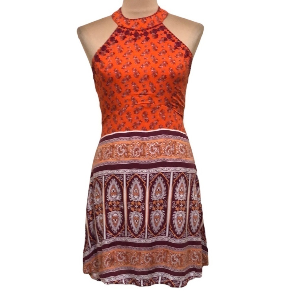 Francesca’s Collection Alya Dress Size Small Orange Purple Tribal Print